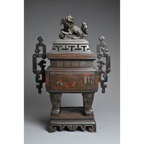 222 - A LARGE AND IMPRESSIVE VIETNAMESE SILVER AND COPPER INLAID BRONZE CENSER ON STAND, 19/20TH CENTURY. ... 