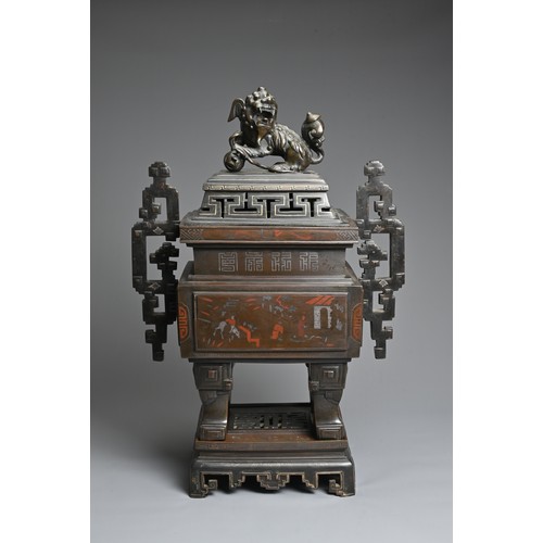 222 - A LARGE AND IMPRESSIVE VIETNAMESE SILVER AND COPPER INLAID BRONZE CENSER ON STAND, 19/20TH CENTURY. ... 