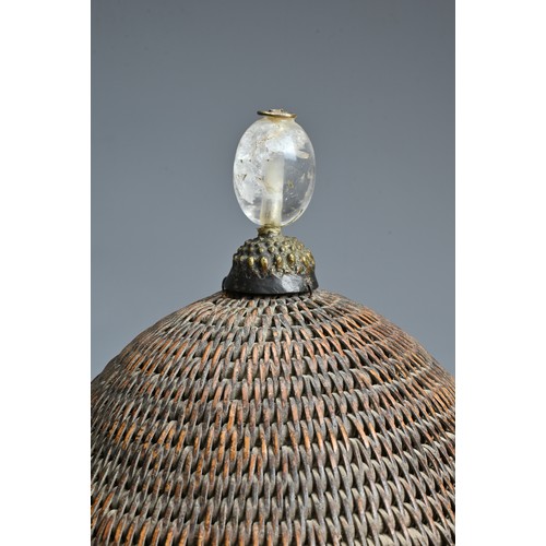 85 - A RARE CHINESE HARD RATTAN HAT WITH ROCK CRYSTAL FINIAL, QING DYNASTY. Heavy woven rattan hat of con... 