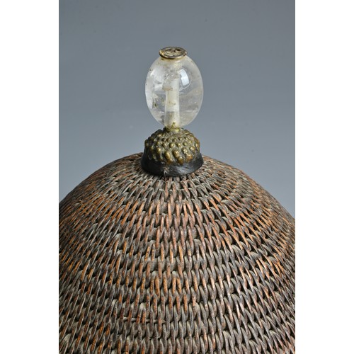 85 - A RARE CHINESE HARD RATTAN HAT WITH ROCK CRYSTAL FINIAL, QING DYNASTY. Heavy woven rattan hat of con... 