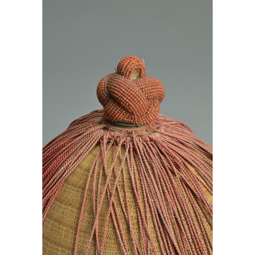 87 - A CHINESE MANDARIN SUMMER COURT HAT WITH CORAL FINIAL, QING DYNASTY. Of conical form with woven bamb... 