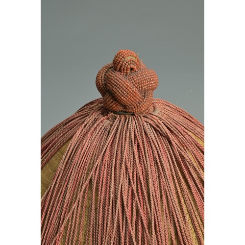 87 - A CHINESE MANDARIN SUMMER COURT HAT WITH CORAL FINIAL, QING DYNASTY. Of conical form with woven bamb... 