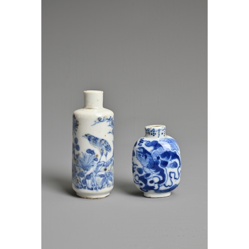 9 - TWO CHINESE BLUE AND WHITE PORCELAIN SNUFF BOTTLES, 19TH CENTURY. To include a cylindrical bottle de... 