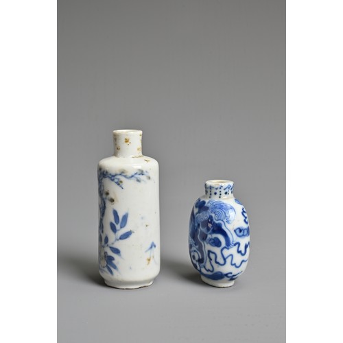 9 - TWO CHINESE BLUE AND WHITE PORCELAIN SNUFF BOTTLES, 19TH CENTURY. To include a cylindrical bottle de... 