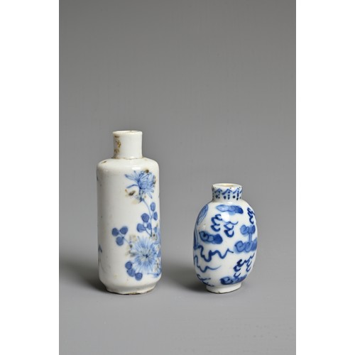 9 - TWO CHINESE BLUE AND WHITE PORCELAIN SNUFF BOTTLES, 19TH CENTURY. To include a cylindrical bottle de... 