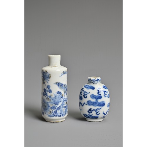 9 - TWO CHINESE BLUE AND WHITE PORCELAIN SNUFF BOTTLES, 19TH CENTURY. To include a cylindrical bottle de... 