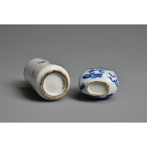 9 - TWO CHINESE BLUE AND WHITE PORCELAIN SNUFF BOTTLES, 19TH CENTURY. To include a cylindrical bottle de... 