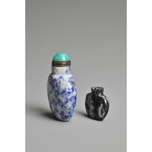 11 - A CHINESE LAPIS LAZULI STONE SNUFF BOTTLE WITH ONE OTHER STONE BOTTLE. Each of flattened ovoid. 3.5c... 