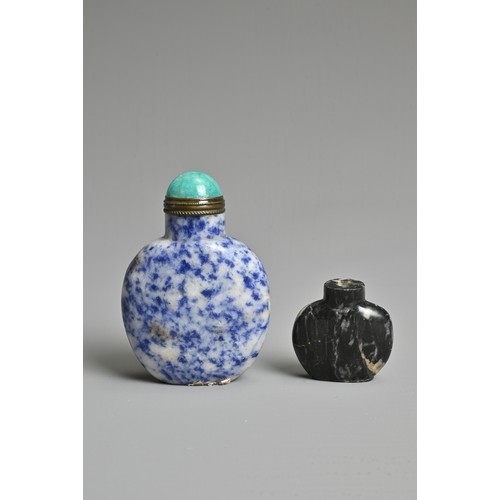 11 - A CHINESE LAPIS LAZULI STONE SNUFF BOTTLE WITH ONE OTHER STONE BOTTLE. Each of flattened ovoid. 3.5c... 