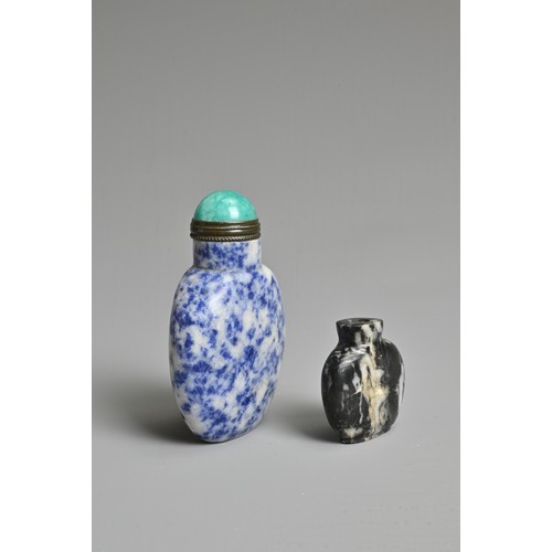 11 - A CHINESE LAPIS LAZULI STONE SNUFF BOTTLE WITH ONE OTHER STONE BOTTLE. Each of flattened ovoid. 3.5c... 