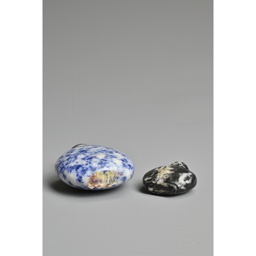 11 - A CHINESE LAPIS LAZULI STONE SNUFF BOTTLE WITH ONE OTHER STONE BOTTLE. Each of flattened ovoid. 3.5c... 