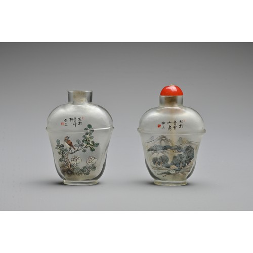 13 - TWO CHINESE INSIDE PAINTED GLASS SNUFF BOTTLES, ATTRIBUTED TO LE SAN. Each with tapering bodies with... 