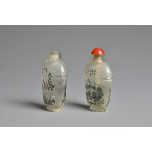 13 - TWO CHINESE INSIDE PAINTED GLASS SNUFF BOTTLES, ATTRIBUTED TO LE SAN. Each with tapering bodies with... 