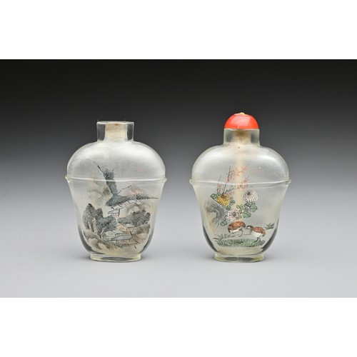 13 - TWO CHINESE INSIDE PAINTED GLASS SNUFF BOTTLES, ATTRIBUTED TO LE SAN. Each with tapering bodies with... 