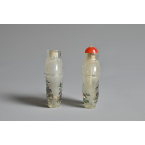 13 - TWO CHINESE INSIDE PAINTED GLASS SNUFF BOTTLES, ATTRIBUTED TO LE SAN. Each with tapering bodies with... 