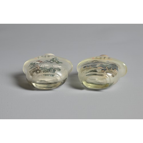 13 - TWO CHINESE INSIDE PAINTED GLASS SNUFF BOTTLES, ATTRIBUTED TO LE SAN. Each with tapering bodies with... 