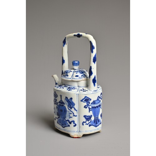 16 - A CHINESE BLUE AND WHITE PORCELAIN WINE POT AND COVER, 19TH CENTURY. Rectangular lobed body with han... 