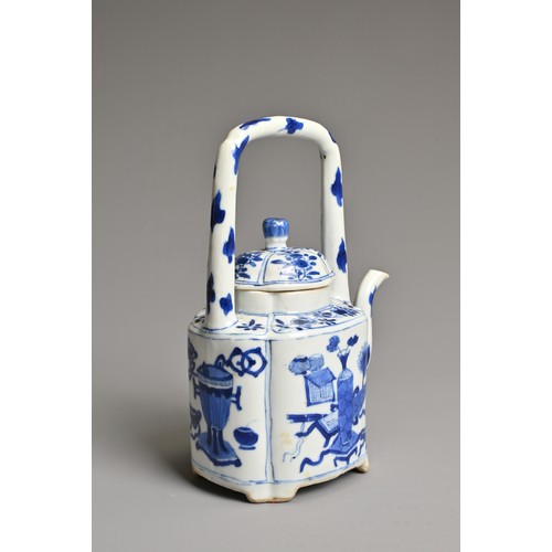 16 - A CHINESE BLUE AND WHITE PORCELAIN WINE POT AND COVER, 19TH CENTURY. Rectangular lobed body with han... 