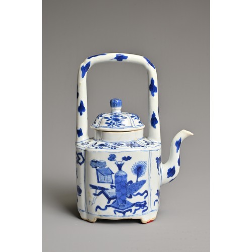 16 - A CHINESE BLUE AND WHITE PORCELAIN WINE POT AND COVER, 19TH CENTURY. Rectangular lobed body with han... 