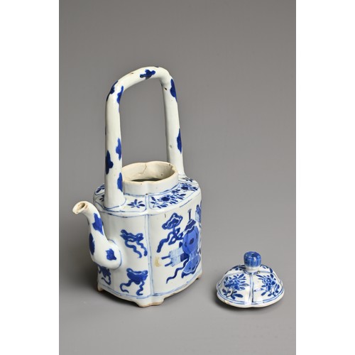 16 - A CHINESE BLUE AND WHITE PORCELAIN WINE POT AND COVER, 19TH CENTURY. Rectangular lobed body with han... 