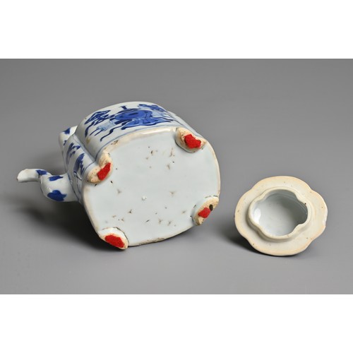 16 - A CHINESE BLUE AND WHITE PORCELAIN WINE POT AND COVER, 19TH CENTURY. Rectangular lobed body with han... 