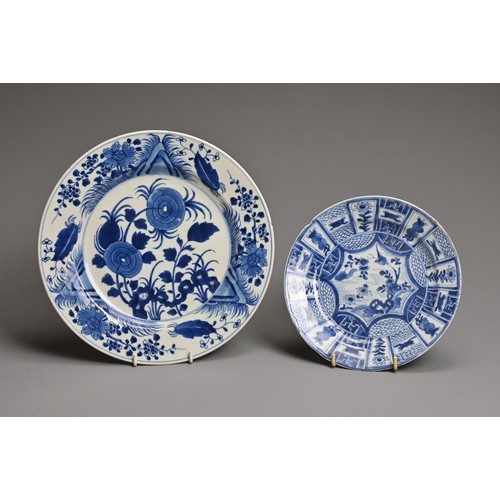 21 - TWO CHINESE BLUE AND WHITE PORCELAIN DISHES, KANGXI PERIOD. Each decorated with various floral scene... 