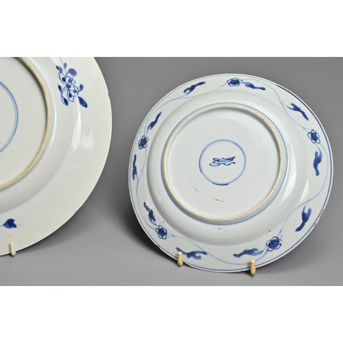 21 - TWO CHINESE BLUE AND WHITE PORCELAIN DISHES, KANGXI PERIOD. Each decorated with various floral scene... 