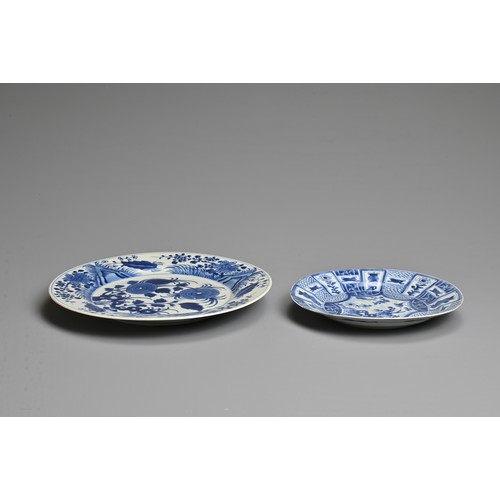 21 - TWO CHINESE BLUE AND WHITE PORCELAIN DISHES, KANGXI PERIOD. Each decorated with various floral scene... 