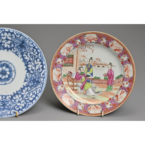 23 - THREE CHINESE PORCELAIN DISHES, 18/19TH CENTURY. To include a famille rose dish decorated with ladie... 