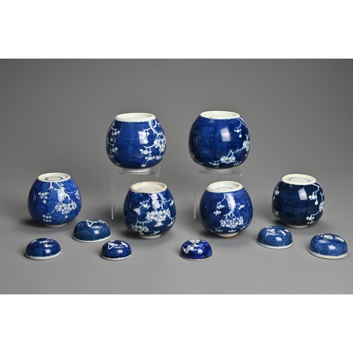 61 - SIX CHINESE BLUE AND WHITE PORCELAIN PRUNUS JARS AND COVERS, 19/20TH CENTURY. Each of globular form ... 