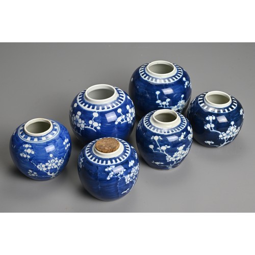 61 - SIX CHINESE BLUE AND WHITE PORCELAIN PRUNUS JARS AND COVERS, 19/20TH CENTURY. Each of globular form ... 