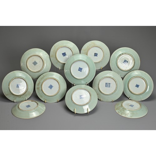 79 - A GROUP OF TWELVE CHINESE CELADON GROUND PORCELAIN DISHES, 19TH CENTURY. Decorated with birds, insec... 