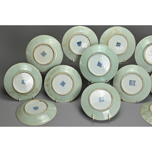 79 - A GROUP OF TWELVE CHINESE CELADON GROUND PORCELAIN DISHES, 19TH CENTURY. Decorated with birds, insec... 