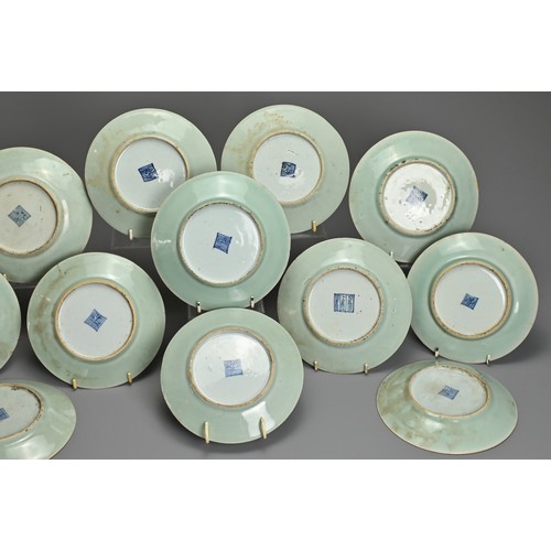 79 - A GROUP OF TWELVE CHINESE CELADON GROUND PORCELAIN DISHES, 19TH CENTURY. Decorated with birds, insec... 