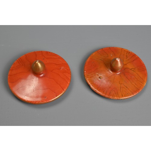 48 - TWO CHINESE CORAL GROUND FAUX BOIS PORCELAIN POTS AND COVERS, 19TH CENTURY. Painted to the exterior ... 