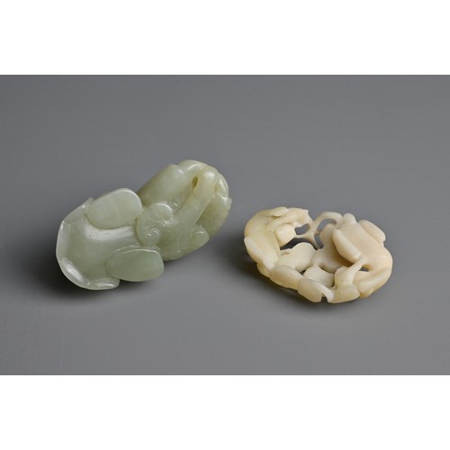 107 - TWO CHINESE JADE AND STONE CARVINGS. To include a pale celadon nephrite jade figure of a boy crouche... 