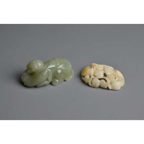 107 - TWO CHINESE JADE AND STONE CARVINGS. To include a pale celadon nephrite jade figure of a boy crouche... 