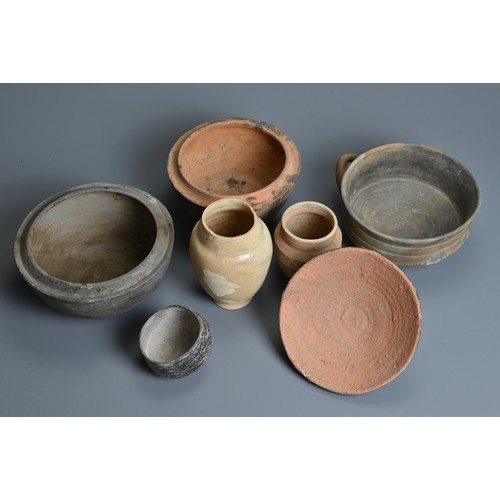 110 - A GROUP OF SIX CHINESE HAN-SONG DYNASTY POTTERY, to include: two grey pottery vessels approx. 19 cm ... 