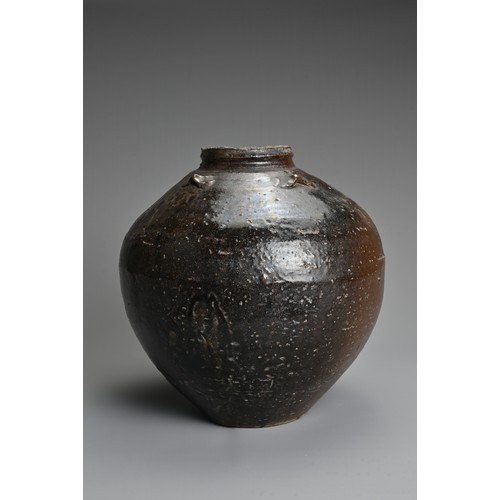 168 - A LARGE CHINESE BROWN GLAZED STORAGE JAR, YUAN/MING DYNASTY. Of ovoid form with four handles to the ... 