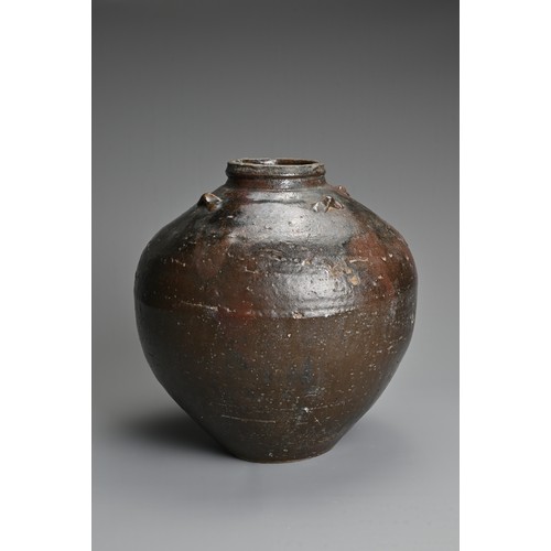 168 - A LARGE CHINESE BROWN GLAZED STORAGE JAR, YUAN/MING DYNASTY. Of ovoid form with four handles to the ... 