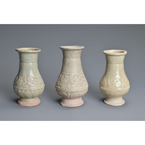 155 - THREE CHINESE QINGBAI WARE VASES, YUAN DYNASTY (1279 – 1368). Each similarly decorated with bands of... 