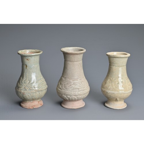 155 - THREE CHINESE QINGBAI WARE VASES, YUAN DYNASTY (1279 – 1368). Each similarly decorated with bands of... 