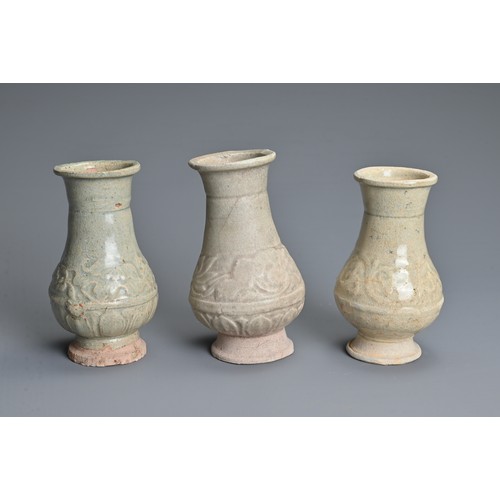 155 - THREE CHINESE QINGBAI WARE VASES, YUAN DYNASTY (1279 – 1368). Each similarly decorated with bands of... 