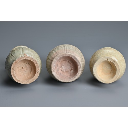 155 - THREE CHINESE QINGBAI WARE VASES, YUAN DYNASTY (1279 – 1368). Each similarly decorated with bands of... 