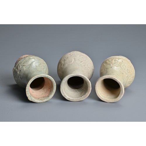 155 - THREE CHINESE QINGBAI WARE VASES, YUAN DYNASTY (1279 – 1368). Each similarly decorated with bands of... 