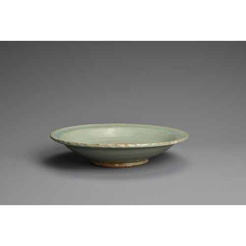 146 - A CHINESE LONGQUAN CELADON DISH, MING DYNASTY (1368-1644). Rounded body with everted barbed rim cove... 