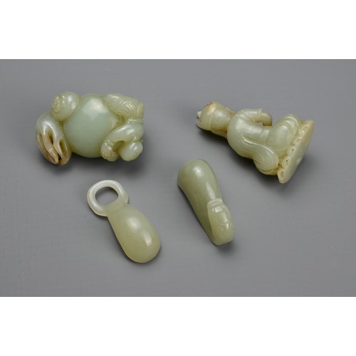 78 - THREE CHINESE CARVED CELADON JADE ITEMS. To include a seated figure of Buddha; A carving of a boy on... 