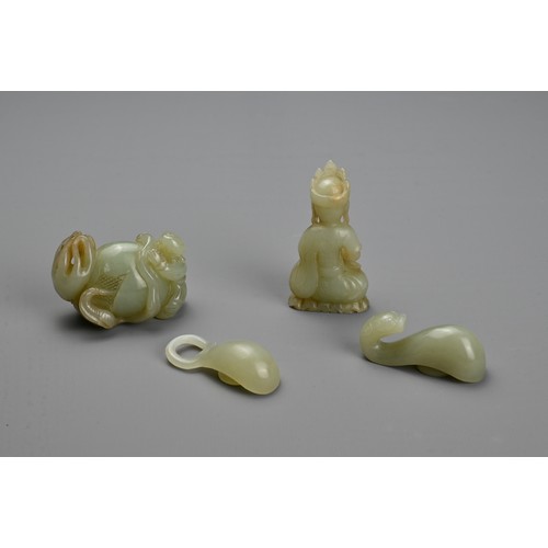 78 - THREE CHINESE CARVED CELADON JADE ITEMS. To include a seated figure of Buddha; A carving of a boy on... 