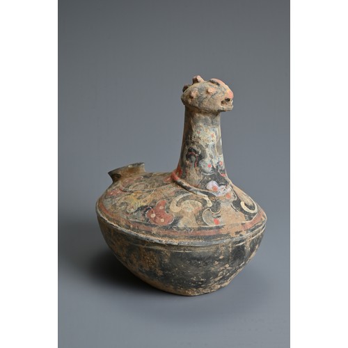 113 - A CHINESE HAN DYNASTY STYLE PAINTED GREY POTTERY CHICKEN EWER, of unusual form with opening to one s... 