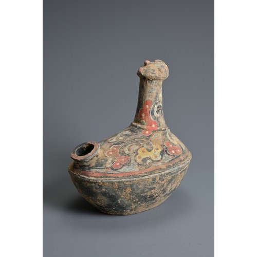 113 - A CHINESE HAN DYNASTY STYLE PAINTED GREY POTTERY CHICKEN EWER, of unusual form with opening to one s... 